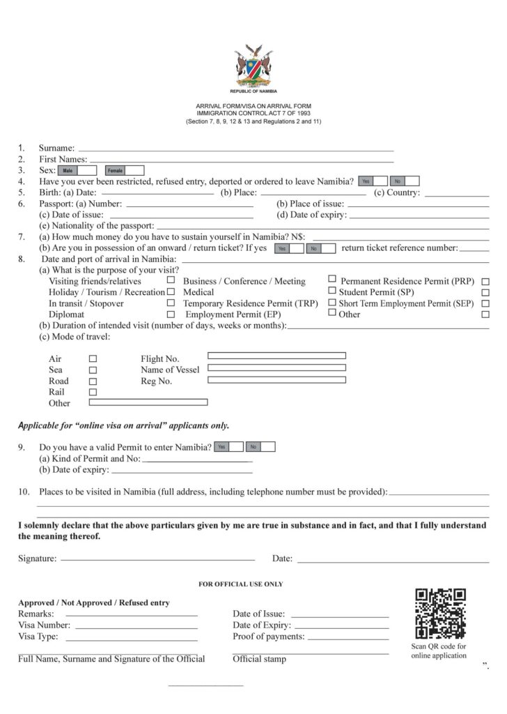 A picture of the Namibia Arrival Form that is to be completed and submitting when arriving in Namibia